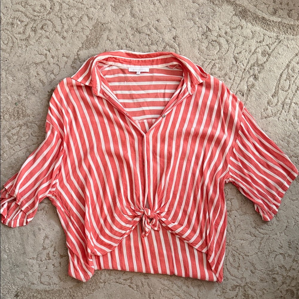 Olivaceous Coral and White Striped Tie-Front Blouse